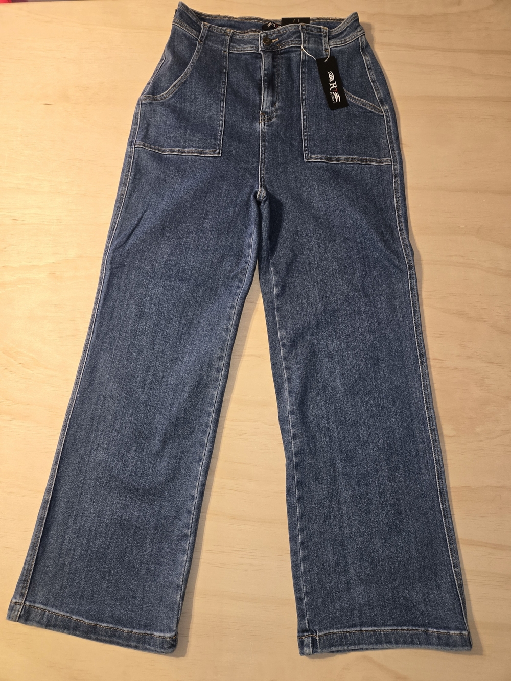 Raw7 Wide-Leg Utility Denim Jeans High-Rise Patch Pockets Blue Stretch - Size 13